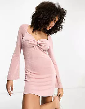 Платье мини с длинными рукавами и узлом ASOS DESIGN пыльно-розового цвета