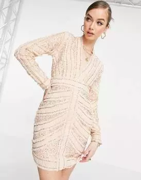 Платье мини с глубоким вырезом и длинными рукавами ASOS DESIGN с рюшами и украшением