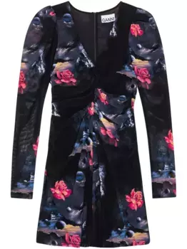 Платье мини с графичным принтом и сборками GANNI, черный