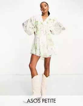 Платье мини с кружевным принтом ASOS DESIGN Petite трапециевидной формы и рукавами-блузками