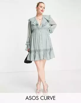 Платье мини с кружевными вставками, рюшами и застежкой на пуговицы ASOS DESIGN Curve