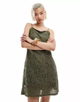 Платье-мини с квадратным вырезом и кружевом Vero Moda оливкового цвета