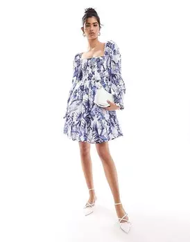 Платье мини с квадратным вырезом, рюшами, объемными рукавами и многоуровневым подолом & Other Stories