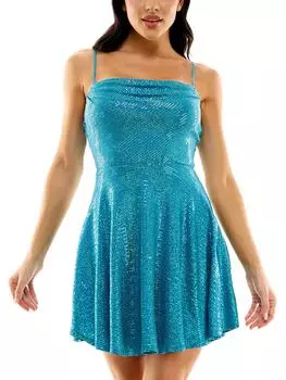 Платье-мини с металлическим принтом и расклешенной юбкой Juniors Womens City Studios, бирюзовый