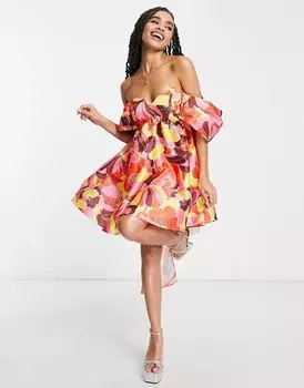 Платье мини с открытыми плечами и ярким цветочным принтом ASOS