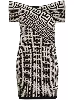 Платье мини с открытыми плечами и монограммой Balmain, бежевый