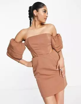Платье мини с открытыми плечами, рукавами и вырезом на талии из камня ASOS DESIGN