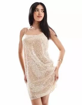 Платье-мини с пайетками Pieces на бретелях кремового цвета