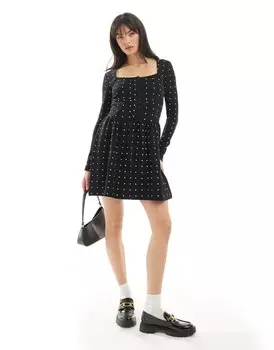 Платье мини с плиссированной юбкой в горошек и квадратным вырезом ASOS DESIGN