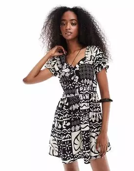 Платье-мини с принтом и рукавами-фонариками Wednesday's Girl черного цвета