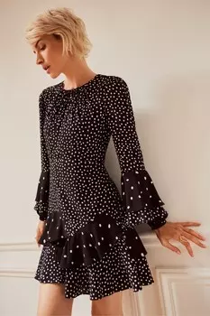 Платье мини с принтом в горошек и оборками Mint Velvet, черный
