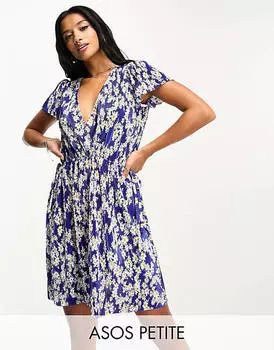 Платье мини с пышными рукавами и эластичной завязкой по бокам ASOS DESIGN Petite