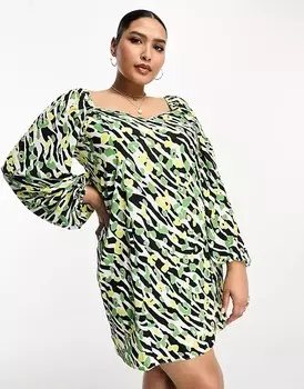 Платье мини с расклешенными рукавами ASOS DESIGN Curve, принт зебра