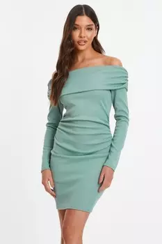 Платье-мини с рюшами и ребристым вырезом в стиле бардо QUIZ Clothing