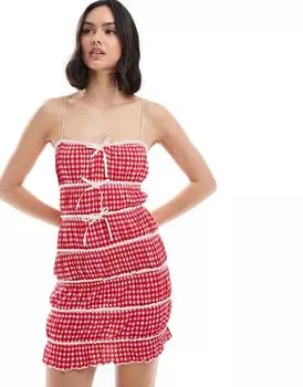 Платье мини с рюшами и рюшами в красную мелкую клетку ASOS DESIGN