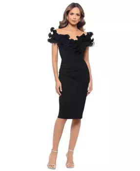 Платье мини с рюшами и сборками Petite Ruffled Off-The-Shoulder Ruched Dress XSCAPE, черный
