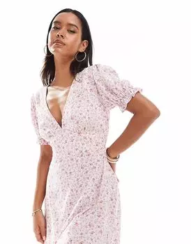Платье-мини с V-образным вырезом и принтом Miss Selfridge в виде чайной ложки с розовым мелким узором