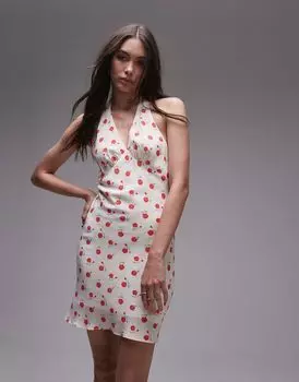 Платье мини с воротником-халтер и принтом роз цвета слоновой кости Topshop