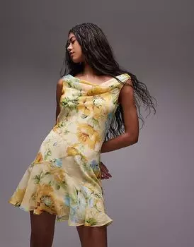 Платье-мини с воротником-хомутиком и широким подолом Topshop в цветочек лимонного цвета