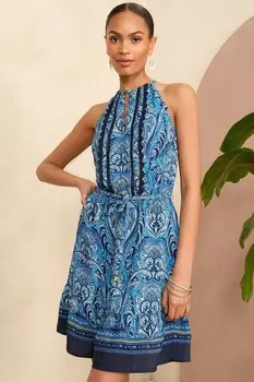 Платье мини с вырезом халтер и отделкой Love & Roses, синий