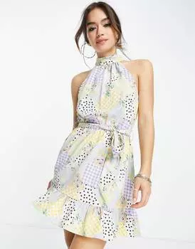 Платье мини с вырезом на шее и поясом с принтом ASOS DESIGN