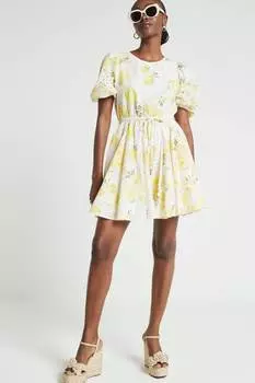 Платье мини с вышивкой бродери River Island, желтый