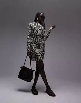 Платье мини с жатым принтом и длинными рукавами Topshop