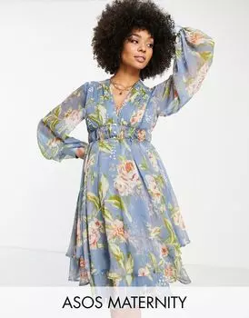 Платье мини с жемчужным декором и рюшами с цветочным принтом ASOS DESIGN Maternity