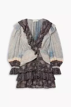 Платье мини Sara из крепона с оборками и принтом ULLA JOHNSON, синий