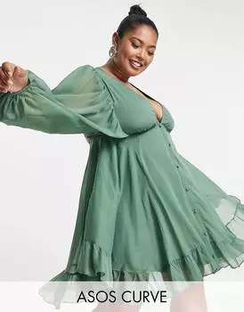Платье мини серого цвета с пуговицами и объемными рукавами ASOS DESIGN Curve