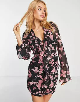 Платье мини со сборками и рифлеными рукавами ASOS DESIGN с принтом бабочки