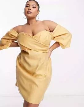 Платье мини со складками, открытыми плечами и запахом на груди ASOS DESIGN Curve