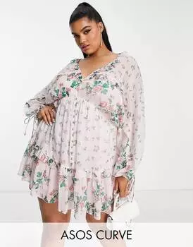 Платье мини-солнце с v-образным вырезом спереди и спиной ASOS DESIGN Curve с оборками и розовым цветочным принтом ASOS DESIGN Curve