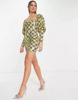 Платье мини в клетку с пышными рукавами и пайетками ASOS LUXE