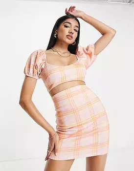 Платье мини в клетку с пышными рукавами и вырезами ASOS DESIGN