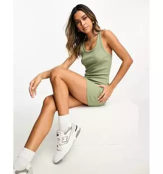 Платье мини в рубчик цвета хаки с круглым вырезом ASOS DESIGN