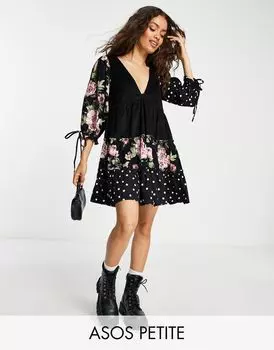 Платье мини в стиле бэби-долл из вельвета и твила ASOS DESIGN Petite