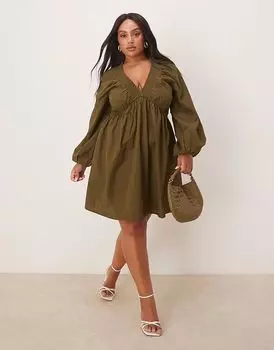 Платье-мини в стиле бохо с рукавами-фонариками от Nobody's Child Plus Irene цвета хаки