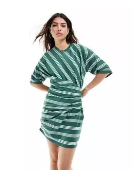 Платье мини в зелено-белую полоску с короткими рукавами ASOS