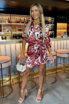 Платье мини вишневого цвета с принтом, рукавами 3/4, завязками по бокам на талии Ax Paris, коричневый