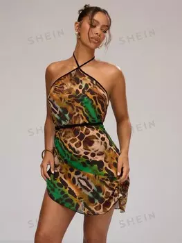 Платье мини, вырез корзинка, леопардовый узор, асимметричный Musera, мультиколор