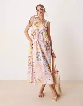 Платье Miss Selfridge tie shoulder postcard print maxi