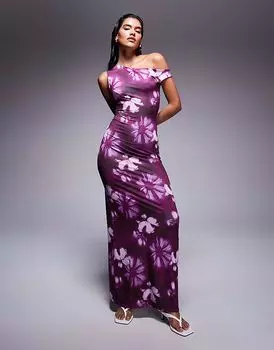 Платье Missyempire облегающего асимметричного кроя с открытыми плечами с размытым фиолетовым цветочным принтом