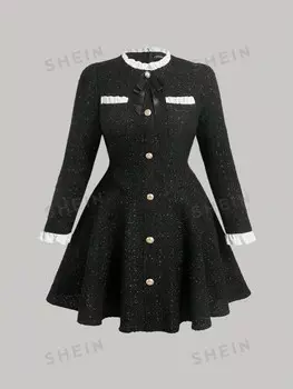 Платье MOD Plus, контрастный край, бант спереди, ткань твид Shein, черный
