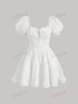 Платье MOD, рукава-фонарики, плиссированная отделка, бант спереди, рюши/рюши по низу Shein, белый