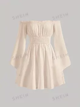 Платье MOD с оборками, плиссе, украшенное складками на груди, простое, неформальное Shein, абрикосовый