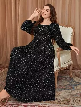 Платье Modely Plus, мелкий цветочный узор, квадратный вырез, рукава-фонарики Shein, черный