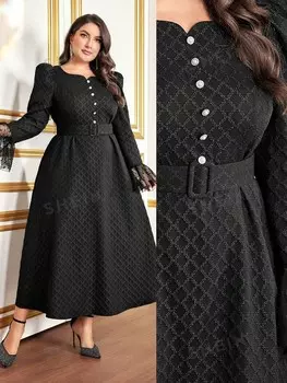 Платье Modely Plus, пуговицы спереди Плиссированные рукава Shein, черный