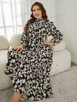Платье Modely Plus с поясом Принт по всей поверхности, слоновьи рукава, рюши по краю Shein, мультиколор