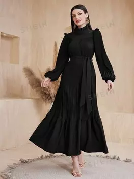 Платье Modely с оборкой, рукавами-фонариками, рюшами и поясом, для весны и лета Shein, черный